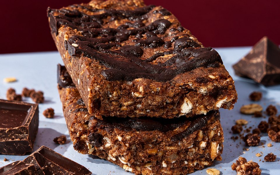 Barras de cereal con chocolate de Tría sobre fondo bordó